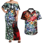 Personalized Gold Coast Suns Football Couples Matching Off Shoulder Maxi Dress and Hawaiian Shirt Tropical Hibiscus Flowers - Pacific Fusion Style