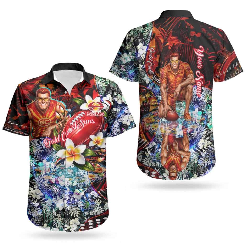 Personalized Gold Coast Suns Football Couples Matching Off Shoulder Maxi Dress and Hawaiian Shirt Tropical Hibiscus Flowers - Pacific Fusion Style
