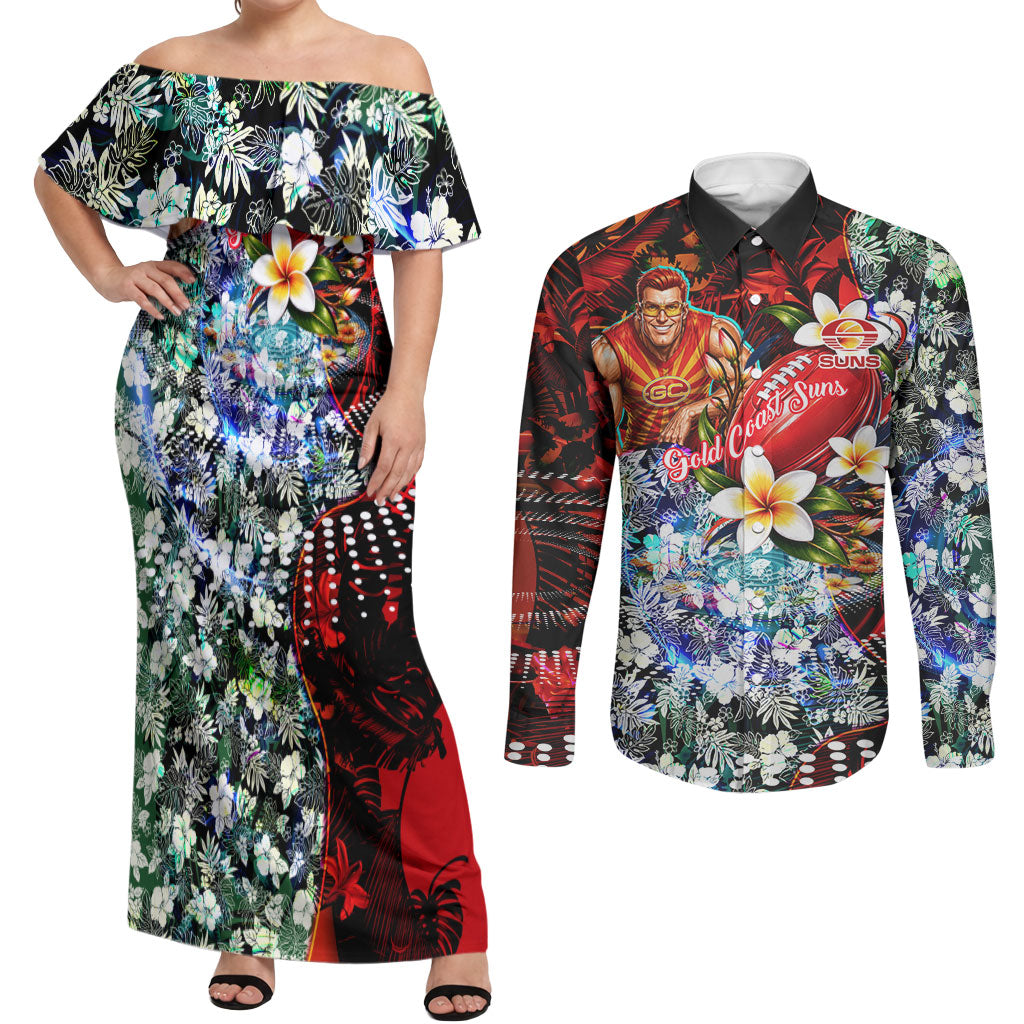 Personalized Gold Coast Suns Football Couples Matching Off Shoulder Maxi Dress and Long Sleeve Button Shirt Tropical Hibiscus Flowers - Pacific Fusion Style