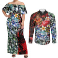 Personalized Gold Coast Suns Football Couples Matching Off Shoulder Maxi Dress and Long Sleeve Button Shirt Tropical Hibiscus Flowers - Pacific Fusion Style