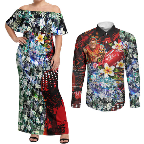 Personalized Gold Coast Suns Football Couples Matching Off Shoulder Maxi Dress and Long Sleeve Button Shirt Tropical Hibiscus Flowers - Pacific Fusion Style