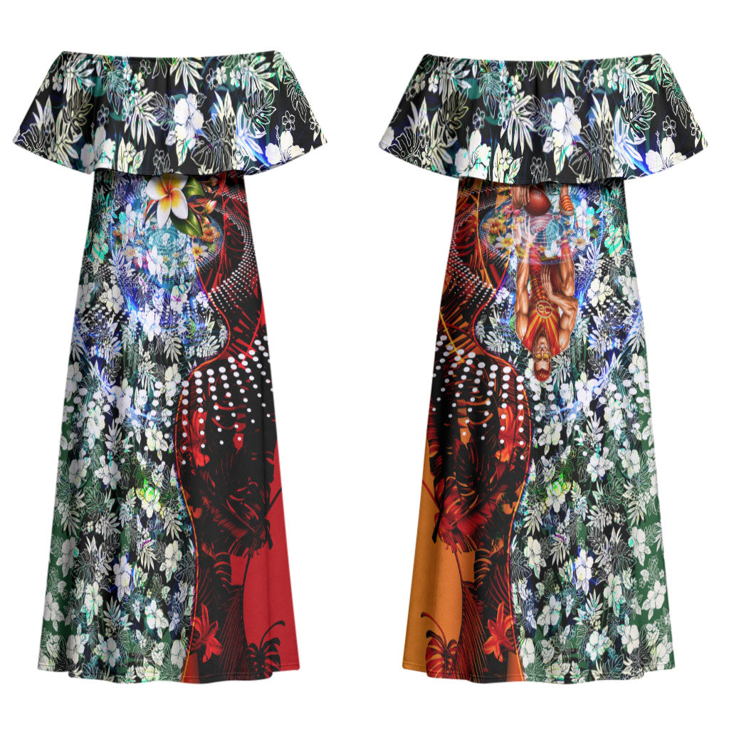 Personalized Gold Coast Suns Football Couples Matching Off Shoulder Maxi Dress and Long Sleeve Button Shirt Tropical Hibiscus Flowers - Pacific Fusion Style