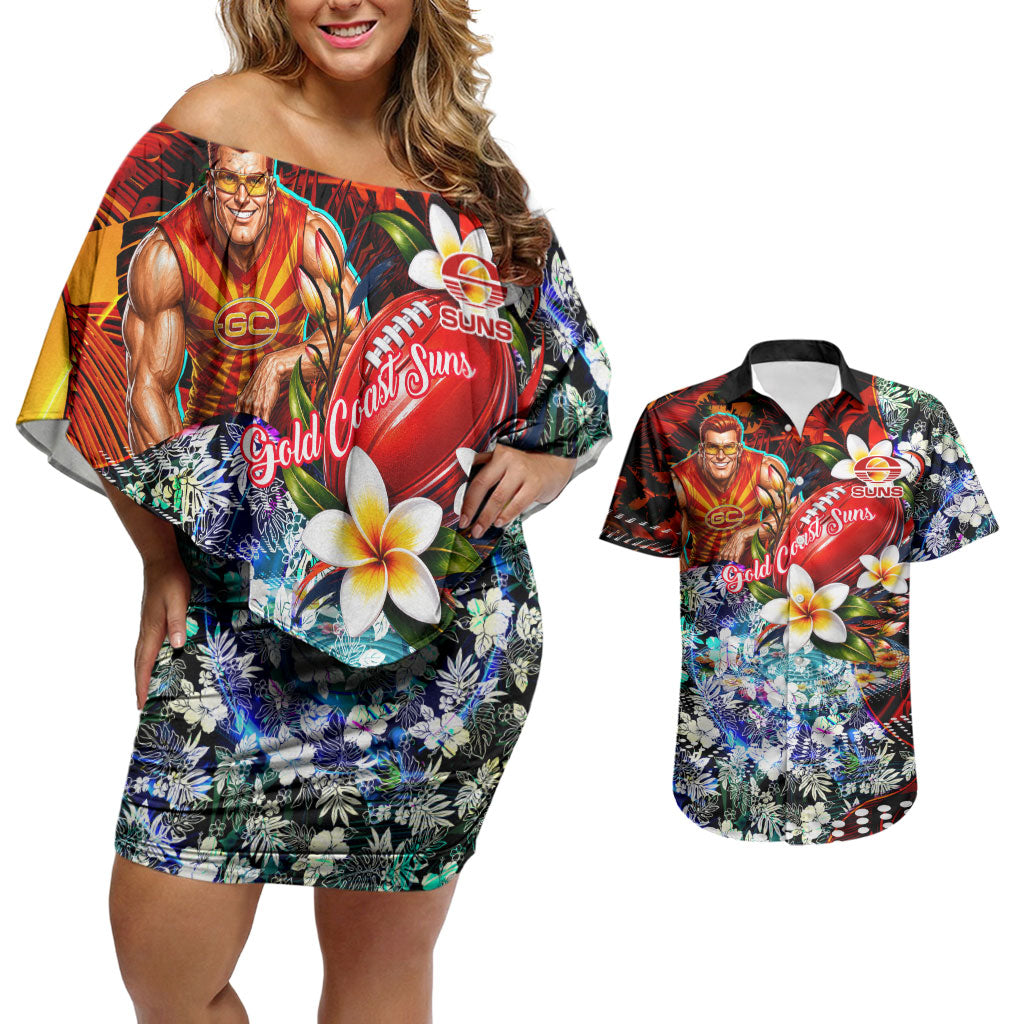 Personalized Gold Coast Suns Football Couples Matching Off Shoulder Short Dress and Hawaiian Shirt Tropical Hibiscus Flowers - Pacific Fusion Style