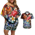 Personalized Gold Coast Suns Football Couples Matching Off Shoulder Short Dress and Hawaiian Shirt Tropical Hibiscus Flowers - Pacific Fusion Style