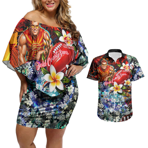 Personalized Gold Coast Suns Football Couples Matching Off Shoulder Short Dress and Hawaiian Shirt Tropical Hibiscus Flowers - Pacific Fusion Style