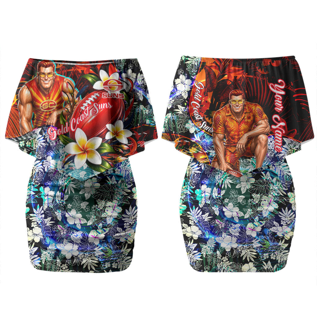 Personalized Gold Coast Suns Football Couples Matching Off Shoulder Short Dress and Hawaiian Shirt Tropical Hibiscus Flowers - Pacific Fusion Style