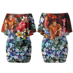 Personalized Gold Coast Suns Football Couples Matching Off Shoulder Short Dress and Hawaiian Shirt Tropical Hibiscus Flowers - Pacific Fusion Style