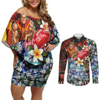 Personalized Gold Coast Suns Football Couples Matching Off Shoulder Short Dress and Long Sleeve Button Shirt Tropical Hibiscus Flowers - Pacific Fusion Style