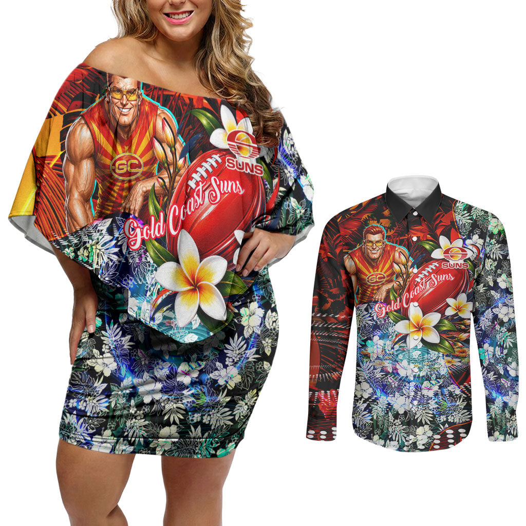Personalized Gold Coast Suns Football Couples Matching Off Shoulder Short Dress and Long Sleeve Button Shirt Tropical Hibiscus Flowers - Pacific Fusion Style