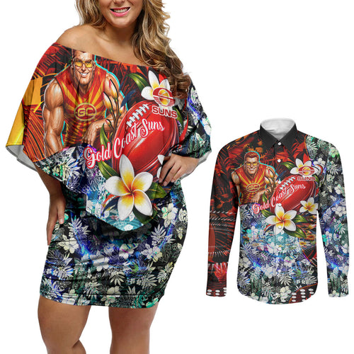 Personalized Gold Coast Suns Football Couples Matching Off Shoulder Short Dress and Long Sleeve Button Shirt Tropical Hibiscus Flowers - Pacific Fusion Style