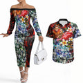 Personalized Gold Coast Suns Football Couples Matching Off The Shoulder Long Sleeve Dress and Hawaiian Shirt Tropical Hibiscus Flowers - Pacific Fusion Style
