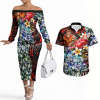 Personalized Gold Coast Suns Football Couples Matching Off The Shoulder Long Sleeve Dress and Hawaiian Shirt Tropical Hibiscus Flowers - Pacific Fusion Style