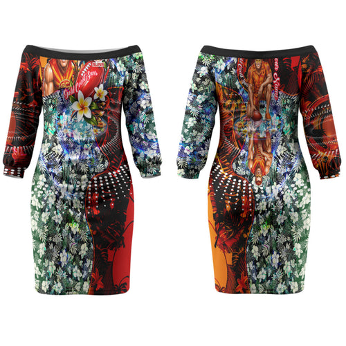 Personalized Gold Coast Suns Football Couples Matching Off The Shoulder Long Sleeve Dress and Hawaiian Shirt Tropical Hibiscus Flowers - Pacific Fusion Style