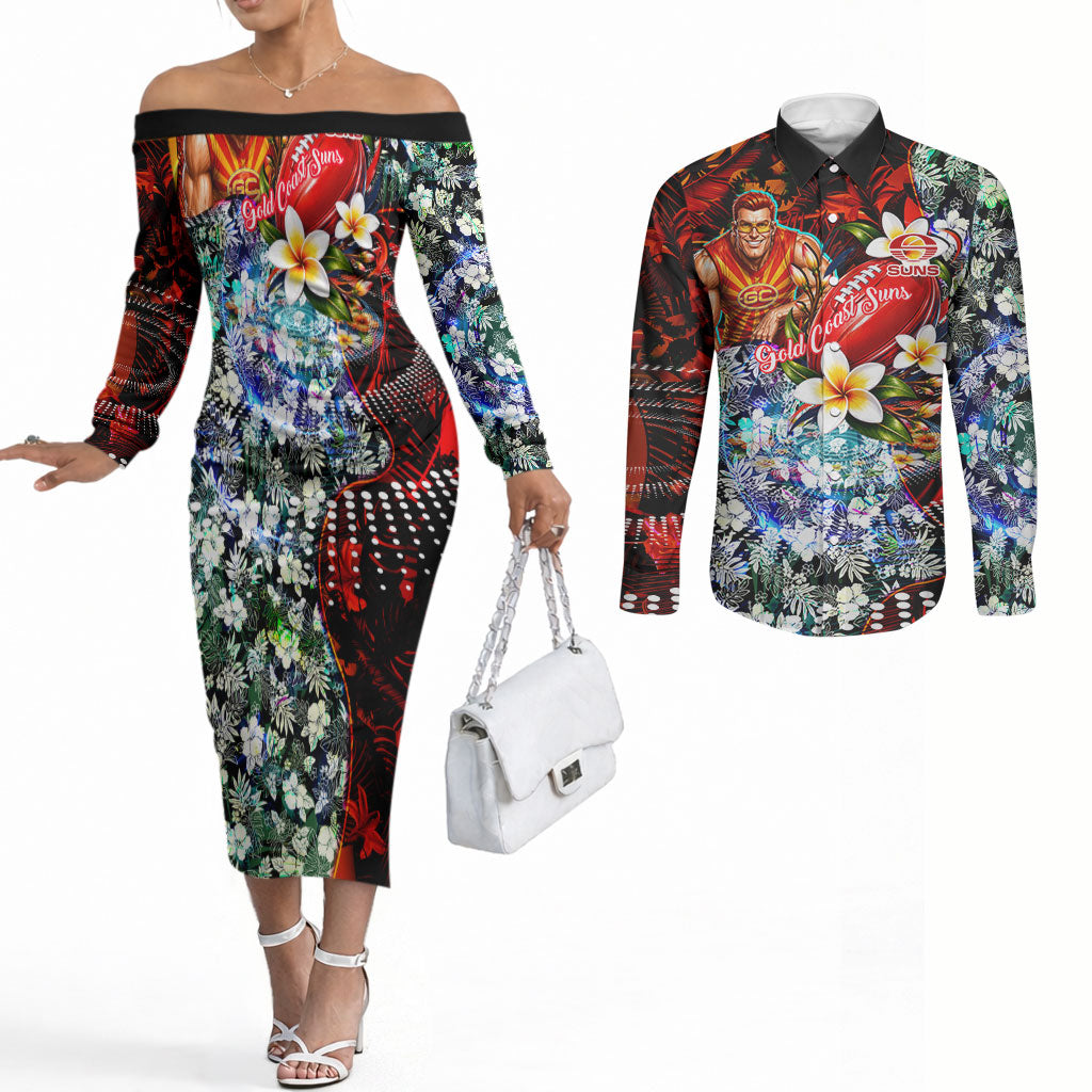 Personalized Gold Coast Suns Football Couples Matching Off The Shoulder Long Sleeve Dress and Long Sleeve Button Shirt Tropical Hibiscus Flowers - Pacific Fusion Style