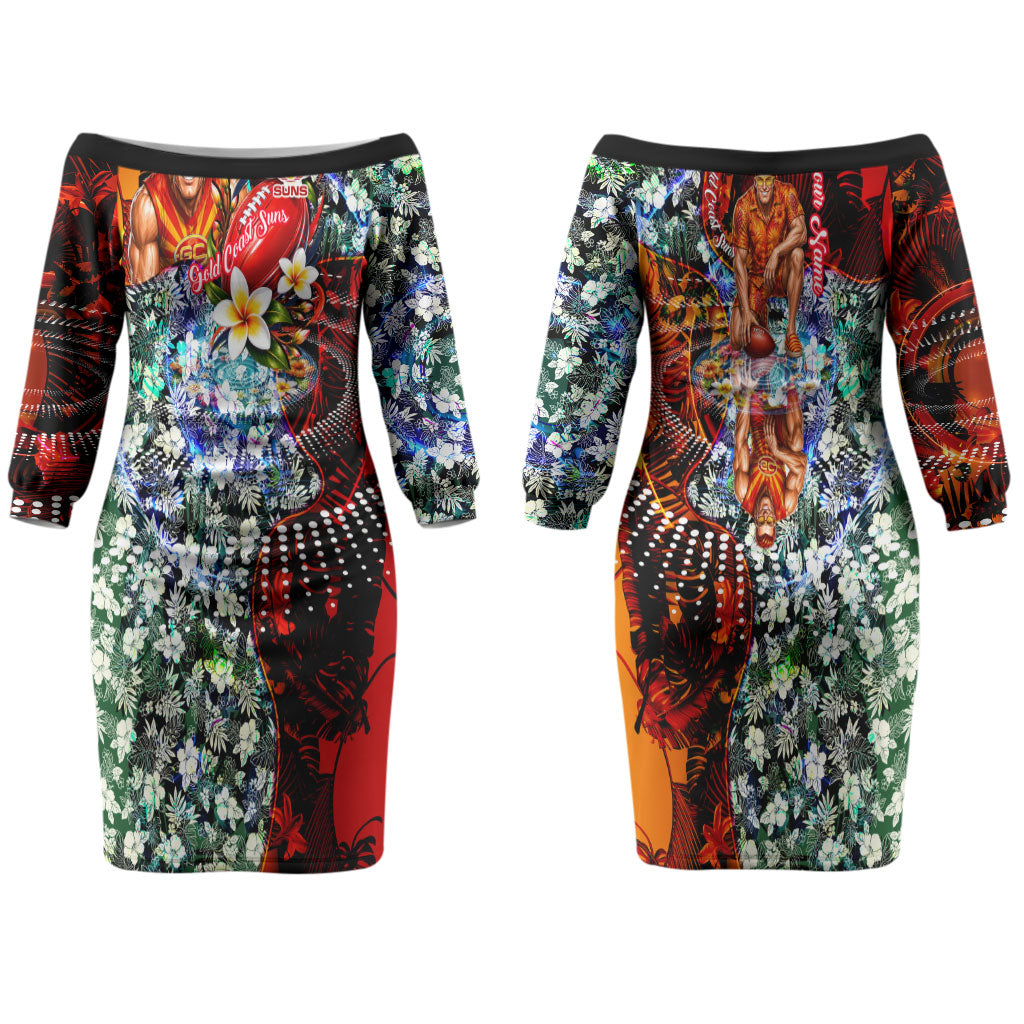 Personalized Gold Coast Suns Football Couples Matching Off The Shoulder Long Sleeve Dress and Long Sleeve Button Shirt Tropical Hibiscus Flowers - Pacific Fusion Style
