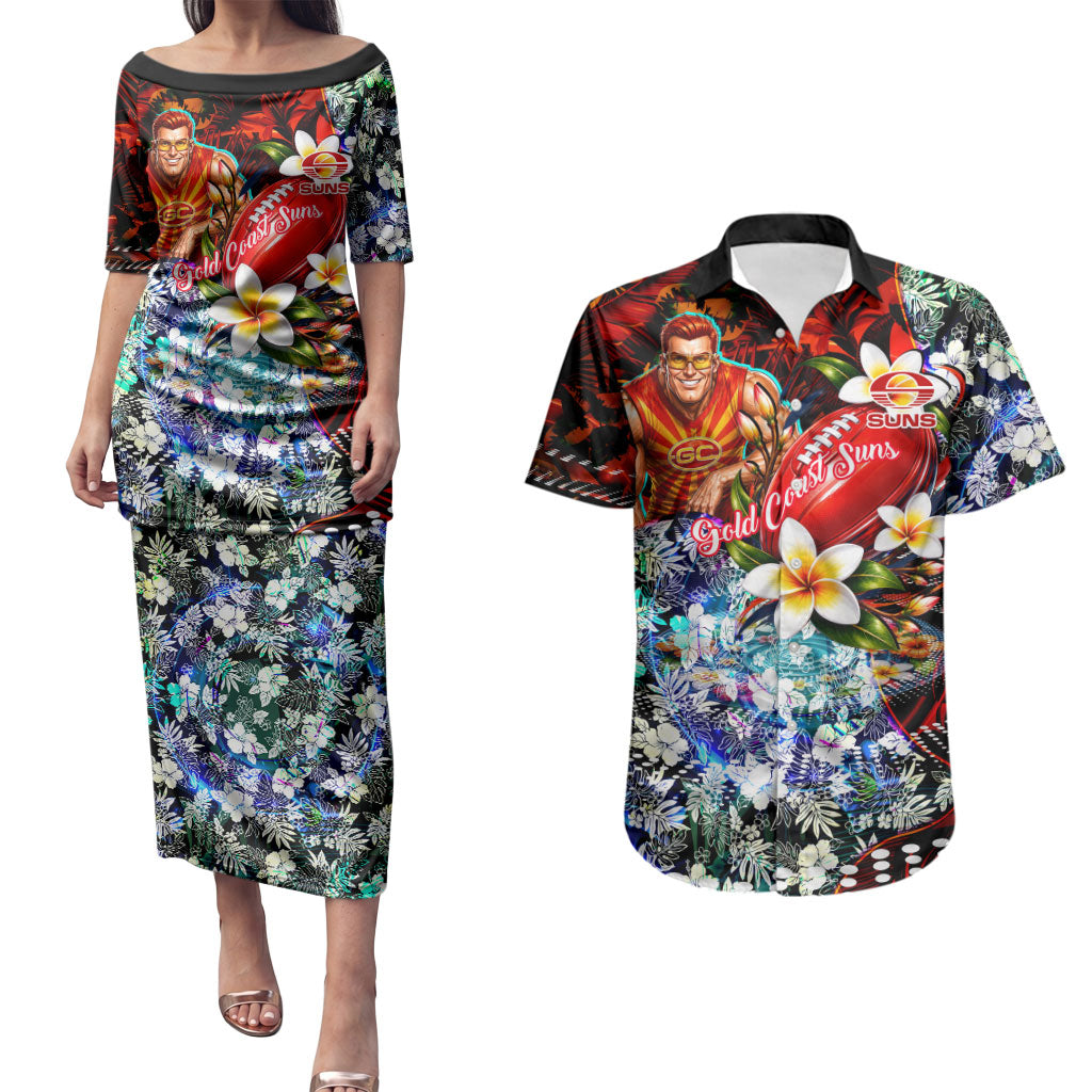 Personalized Gold Coast Suns Football Couples Matching Puletasi and Hawaiian Shirt Tropical Hibiscus Flowers - Pacific Fusion Style