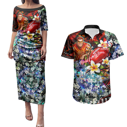 Personalized Gold Coast Suns Football Couples Matching Puletasi and Hawaiian Shirt Tropical Hibiscus Flowers - Pacific Fusion Style