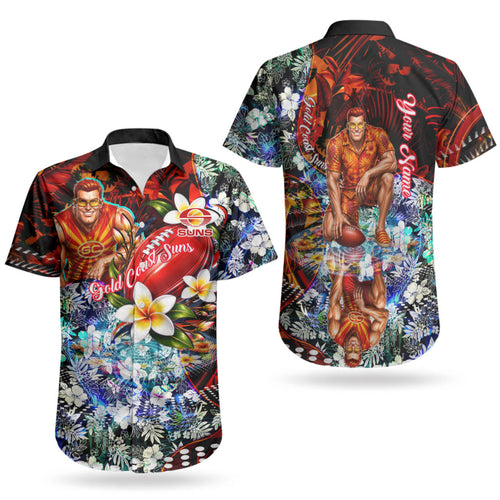 Personalized Gold Coast Suns Football Couples Matching Puletasi and Hawaiian Shirt Tropical Hibiscus Flowers - Pacific Fusion Style