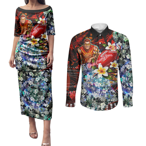 Personalized Gold Coast Suns Football Couples Matching Puletasi and Long Sleeve Button Shirt Tropical Hibiscus Flowers - Pacific Fusion Style