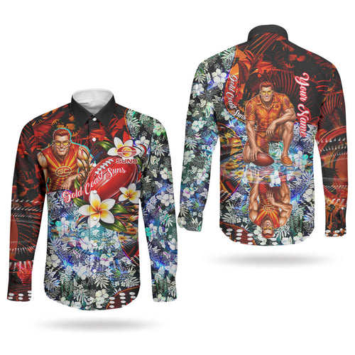 Personalized Gold Coast Suns Football Couples Matching Puletasi and Long Sleeve Button Shirt Tropical Hibiscus Flowers - Pacific Fusion Style