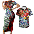Personalized Gold Coast Suns Football Couples Matching Short Sleeve Bodycon Dress and Hawaiian Shirt Tropical Hibiscus Flowers - Pacific Fusion Style