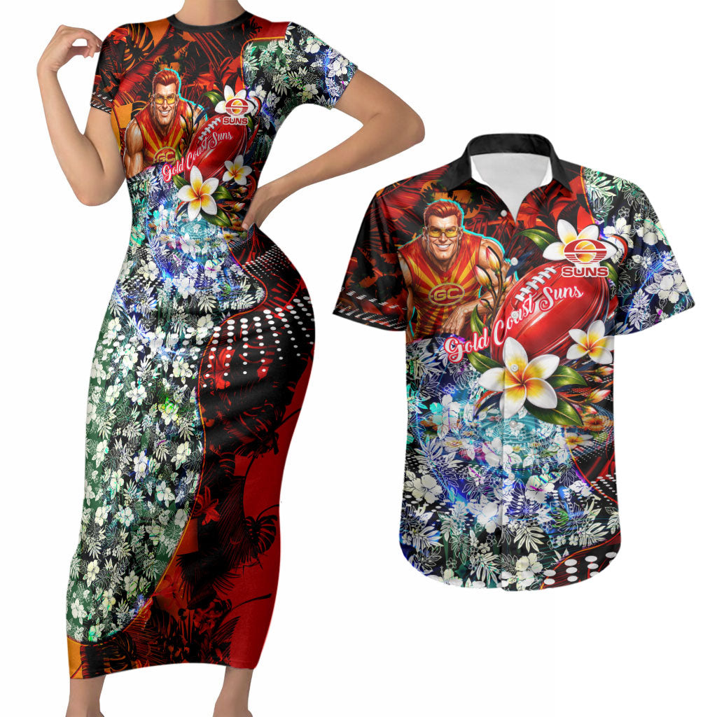 Personalized Gold Coast Suns Football Couples Matching Short Sleeve Bodycon Dress and Hawaiian Shirt Tropical Hibiscus Flowers - Pacific Fusion Style