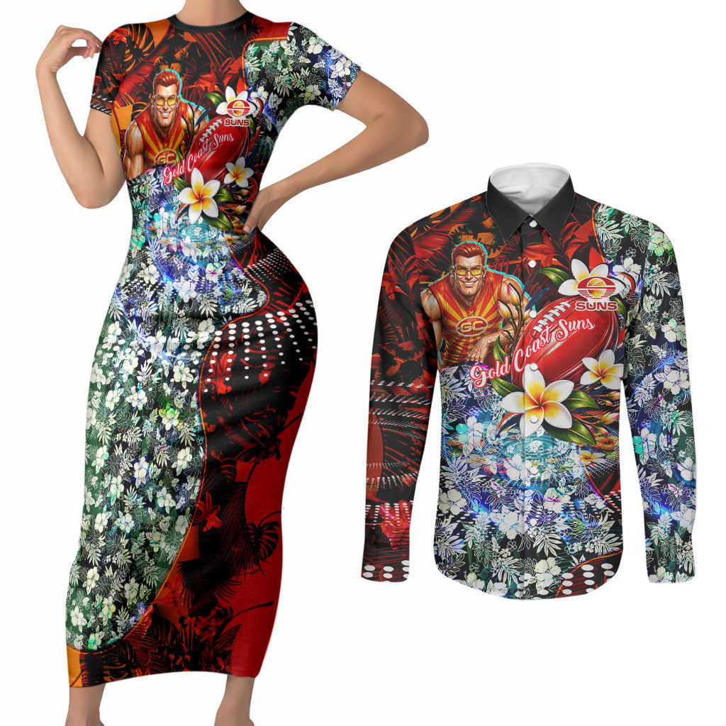 Personalized Gold Coast Suns Football Couples Matching Short Sleeve Bodycon Dress and Long Sleeve Button Shirt Tropical Hibiscus Flowers - Pacific Fusion Style