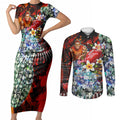 Personalized Gold Coast Suns Football Couples Matching Short Sleeve Bodycon Dress and Long Sleeve Button Shirt Tropical Hibiscus Flowers - Pacific Fusion Style