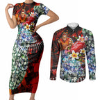 Personalized Gold Coast Suns Football Couples Matching Short Sleeve Bodycon Dress and Long Sleeve Button Shirt Tropical Hibiscus Flowers - Pacific Fusion Style