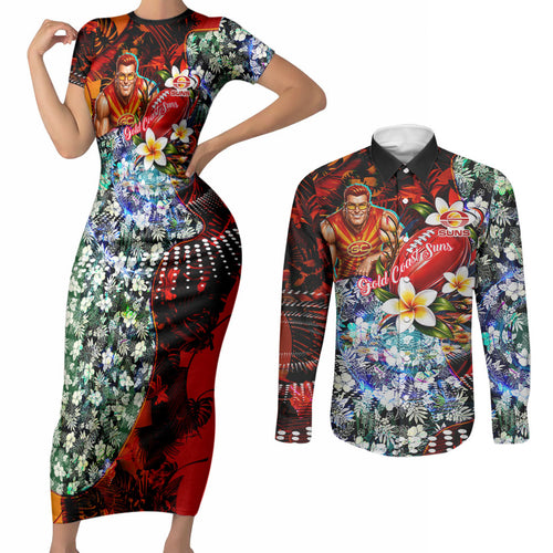 Personalized Gold Coast Suns Football Couples Matching Short Sleeve Bodycon Dress and Long Sleeve Button Shirt Tropical Hibiscus Flowers - Pacific Fusion Style