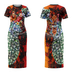 Personalized Gold Coast Suns Football Couples Matching Short Sleeve Bodycon Dress and Long Sleeve Button Shirt Tropical Hibiscus Flowers - Pacific Fusion Style
