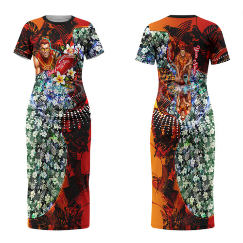 Personalized Gold Coast Suns Football Couples Matching Short Sleeve Bodycon Dress and Long Sleeve Button Shirt Tropical Hibiscus Flowers - Pacific Fusion Style