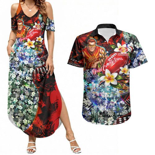Personalized Gold Coast Suns Football Couples Matching Summer Maxi Dress and Hawaiian Shirt Tropical Hibiscus Flowers - Pacific Fusion Style