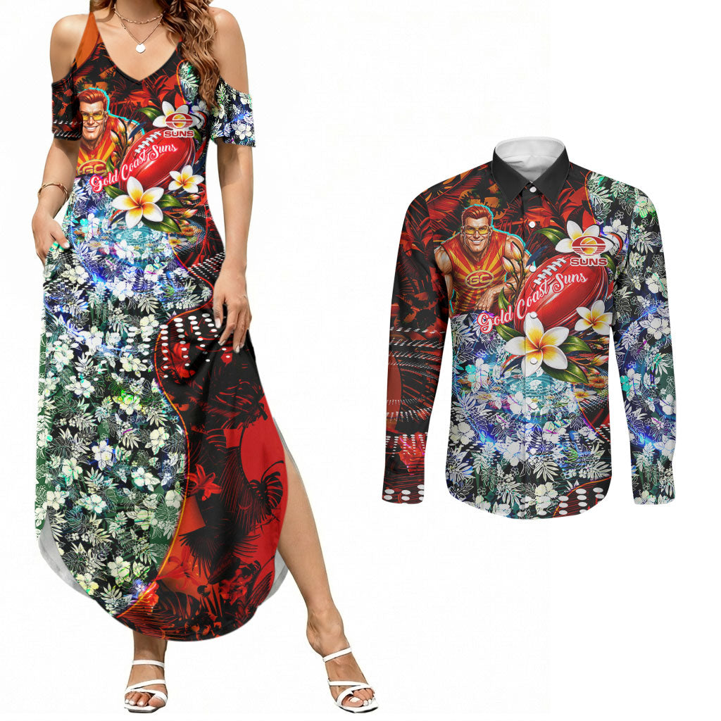 Personalized Gold Coast Suns Football Couples Matching Summer Maxi Dress and Long Sleeve Button Shirt Tropical Hibiscus Flowers - Pacific Fusion Style