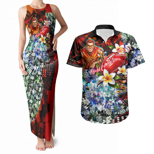Personalized Gold Coast Suns Football Couples Matching Tank Maxi Dress and Hawaiian Shirt Tropical Hibiscus Flowers - Pacific Fusion Style