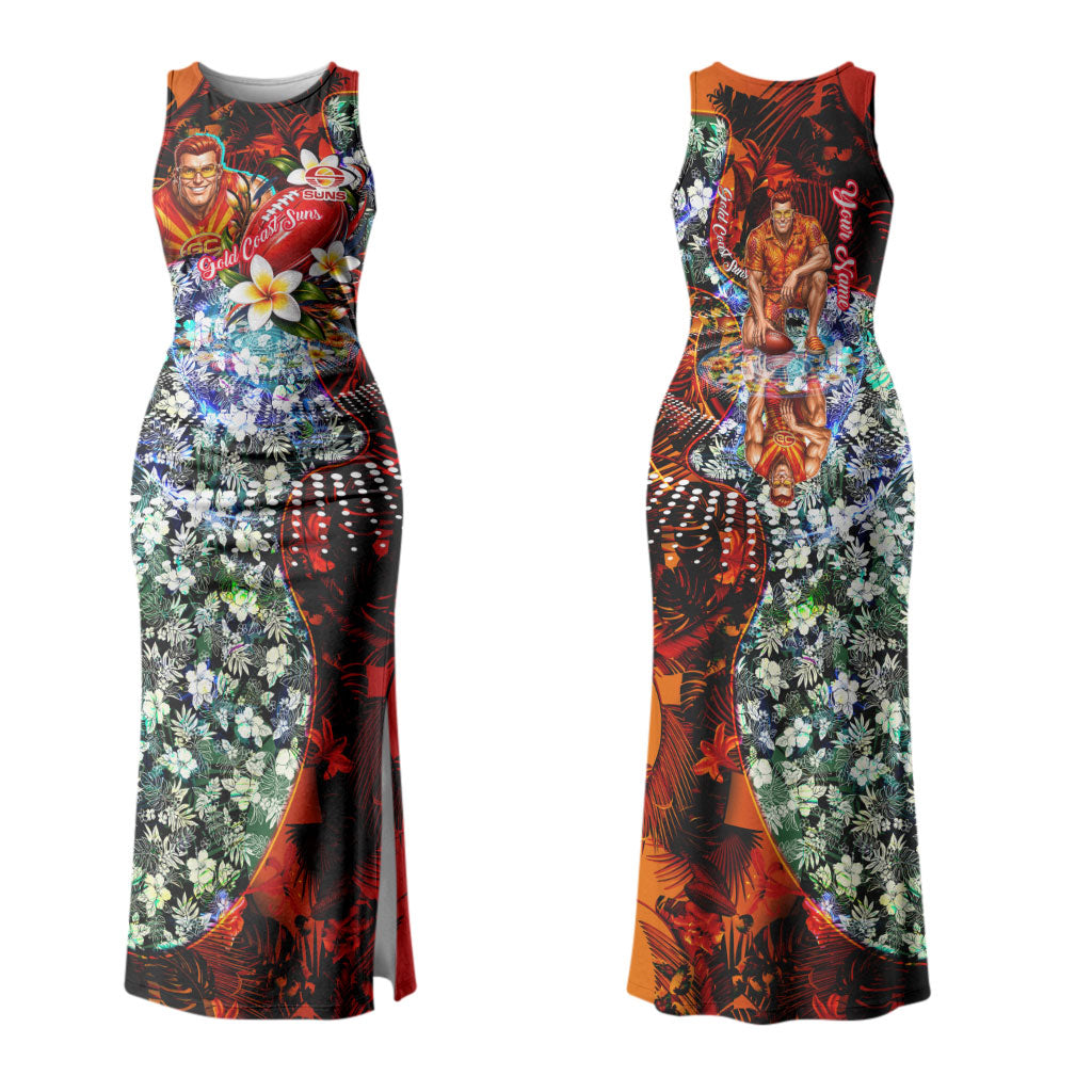 Personalized Gold Coast Suns Football Couples Matching Tank Maxi Dress and Hawaiian Shirt Tropical Hibiscus Flowers - Pacific Fusion Style
