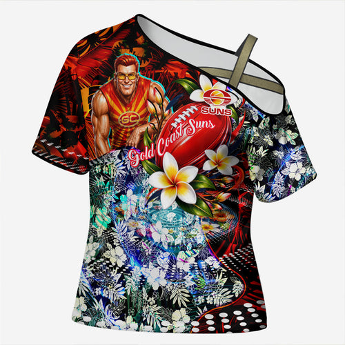 Personalized Gold Coast Suns Football Cross Shoulder Shirt Tropical Hibiscus Flowers - Pacific Fusion Style