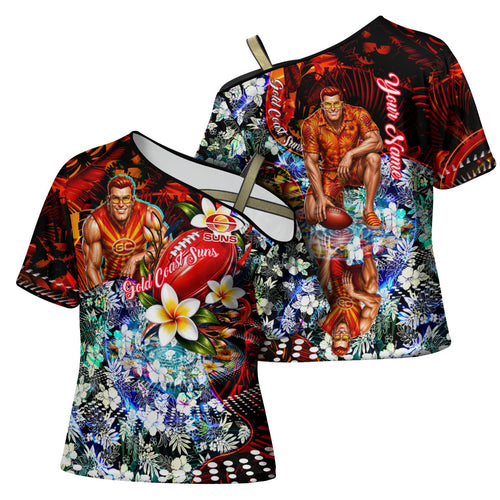 Personalized Gold Coast Suns Football Cross Shoulder Shirt Tropical Hibiscus Flowers - Pacific Fusion Style