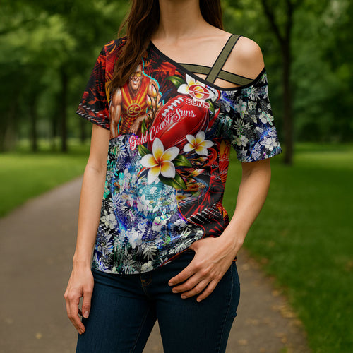 Personalized Gold Coast Suns Football Cross Shoulder Shirt Tropical Hibiscus Flowers - Pacific Fusion Style