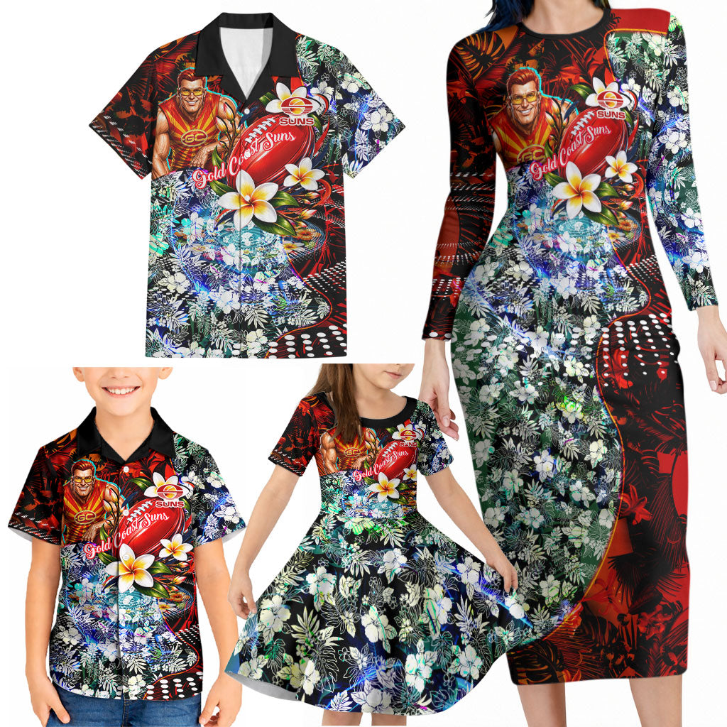 Personalized Gold Coast Suns Football Family Matching Long Sleeve Bodycon Dress and Hawaiian Shirt Tropical Hibiscus Flowers - Pacific Fusion Style