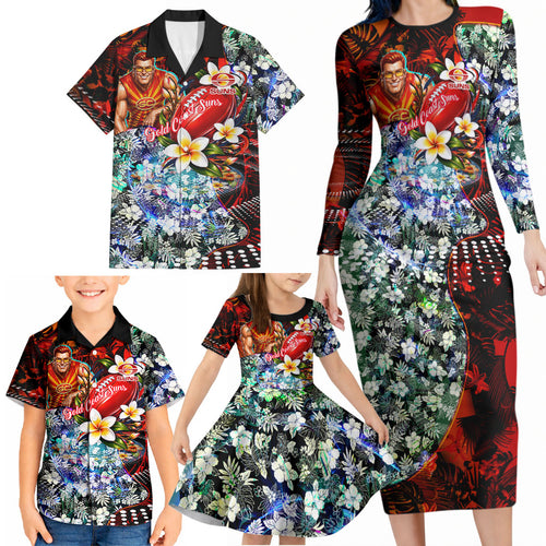 Personalized Gold Coast Suns Football Family Matching Long Sleeve Bodycon Dress and Hawaiian Shirt Tropical Hibiscus Flowers - Pacific Fusion Style