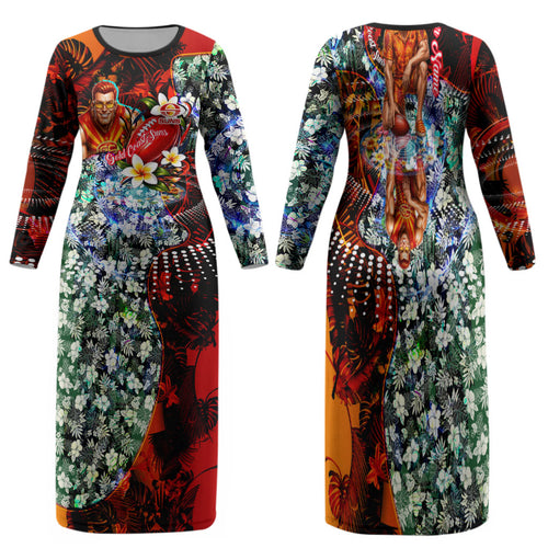Personalized Gold Coast Suns Football Family Matching Long Sleeve Bodycon Dress and Hawaiian Shirt Tropical Hibiscus Flowers - Pacific Fusion Style