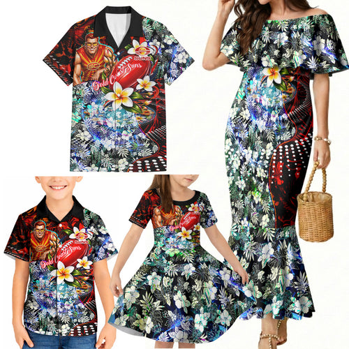 Personalized Gold Coast Suns Football Family Matching Mermaid Dress and Hawaiian Shirt Tropical Hibiscus Flowers - Pacific Fusion Style