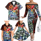 Personalized Gold Coast Suns Football Family Matching Off The Shoulder Long Sleeve Dress and Hawaiian Shirt Tropical Hibiscus Flowers - Pacific Fusion Style