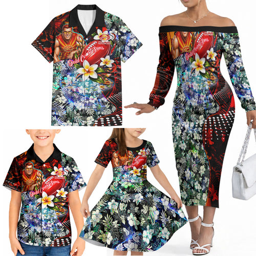 Personalized Gold Coast Suns Football Family Matching Off The Shoulder Long Sleeve Dress and Hawaiian Shirt Tropical Hibiscus Flowers - Pacific Fusion Style