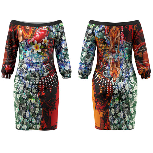 Personalized Gold Coast Suns Football Family Matching Off The Shoulder Long Sleeve Dress and Hawaiian Shirt Tropical Hibiscus Flowers - Pacific Fusion Style
