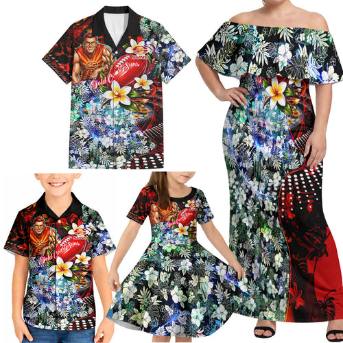 Personalized Gold Coast Suns Football Family Matching Off Shoulder Maxi Dress and Hawaiian Shirt Tropical Hibiscus Flowers - Pacific Fusion Style