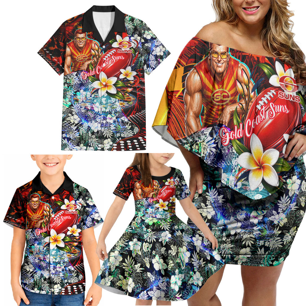 Personalized Gold Coast Suns Football Family Matching Off Shoulder Short Dress and Hawaiian Shirt Tropical Hibiscus Flowers - Pacific Fusion Style