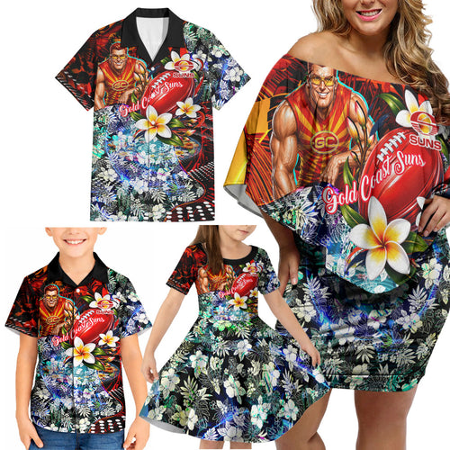 Personalized Gold Coast Suns Football Family Matching Off Shoulder Short Dress and Hawaiian Shirt Tropical Hibiscus Flowers - Pacific Fusion Style