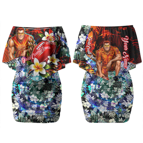 Personalized Gold Coast Suns Football Family Matching Off Shoulder Short Dress and Hawaiian Shirt Tropical Hibiscus Flowers - Pacific Fusion Style